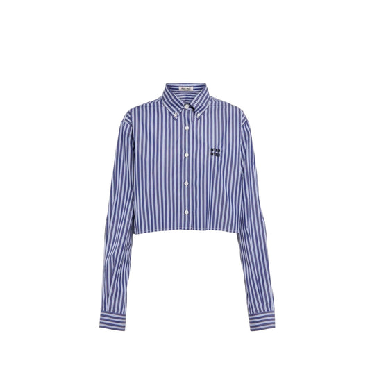 Miu Miu Camicia Cropped a Righe con Dettagli in Pelle
