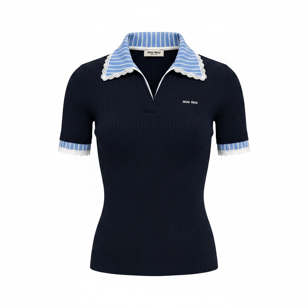Miu Miu polo a maniche corte con finiture in pizzo