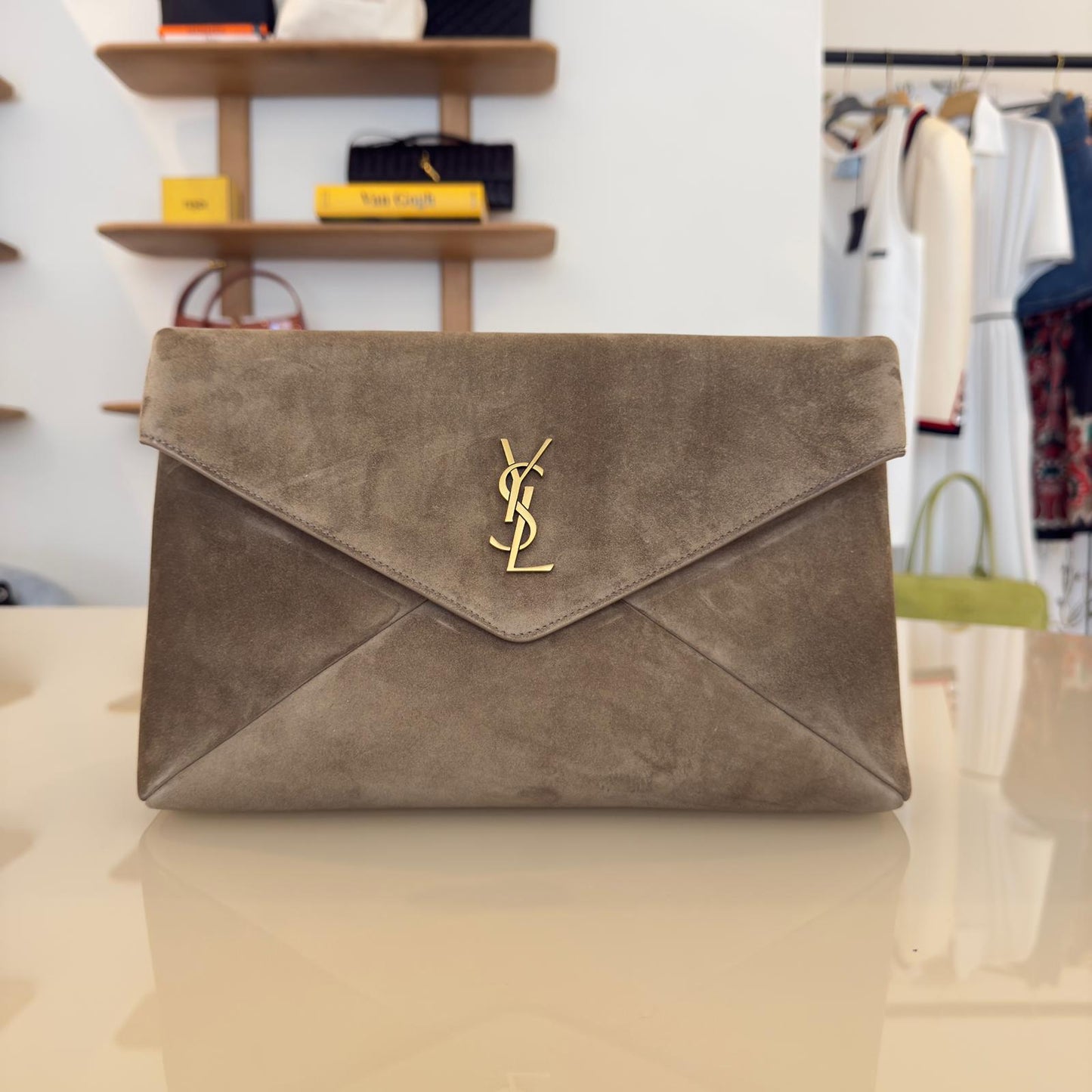 Saint Laurent Envelope Cassandre Pouch in suede