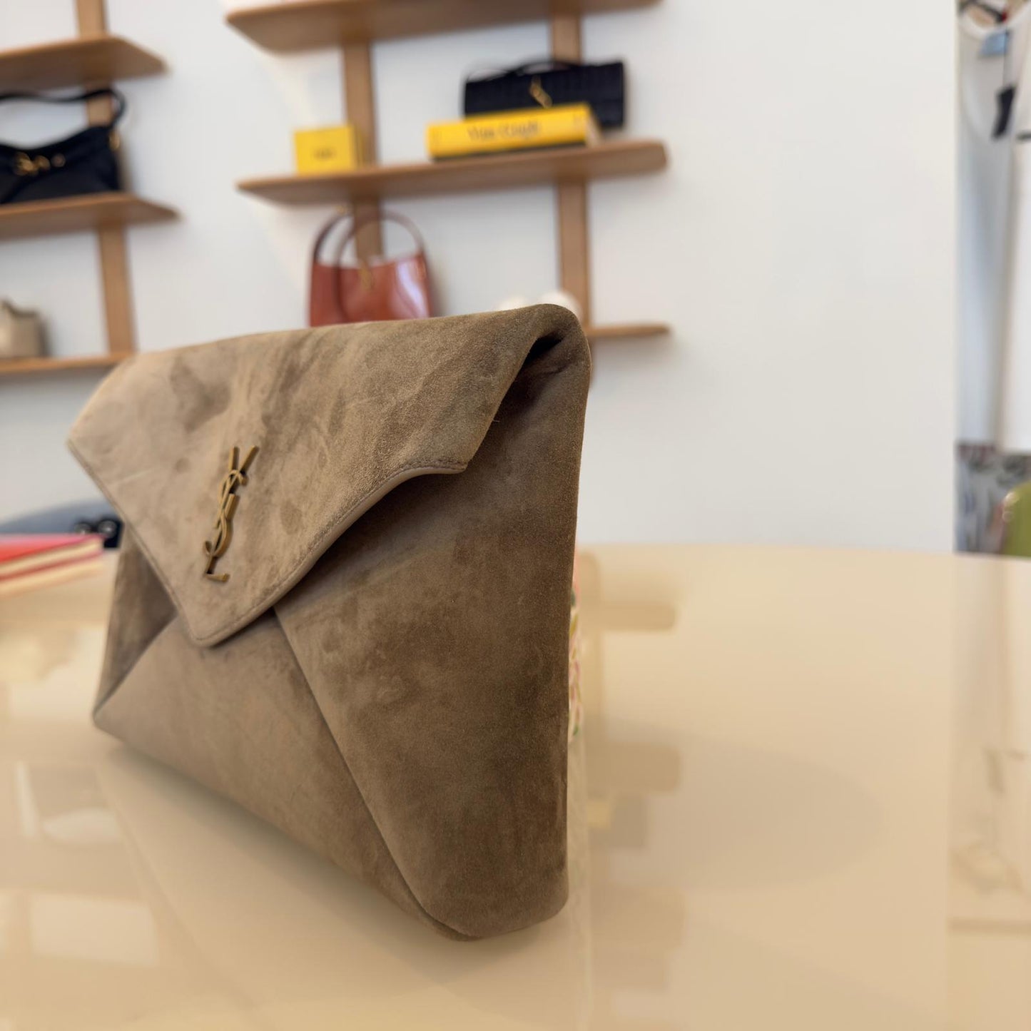 Saint Laurent Envelope Cassandre Pouch in suede
