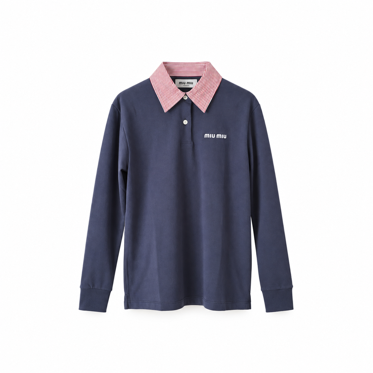 Miu Miu polo blu navy con colletto bianco e rosso